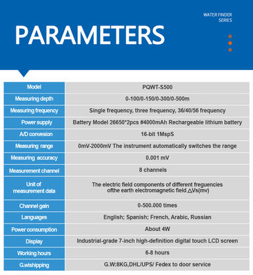 Detector de agua PQWT S500 con pantalla LCD Batería de litio recargable y triple frecuencia para la detección de agua subterránea